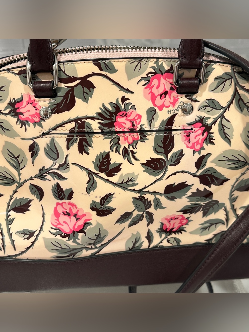 Coach Cream Floral Dome Satchel with Pink Roses and Brown Trim Patent & Leather - Picture 9 of 16
